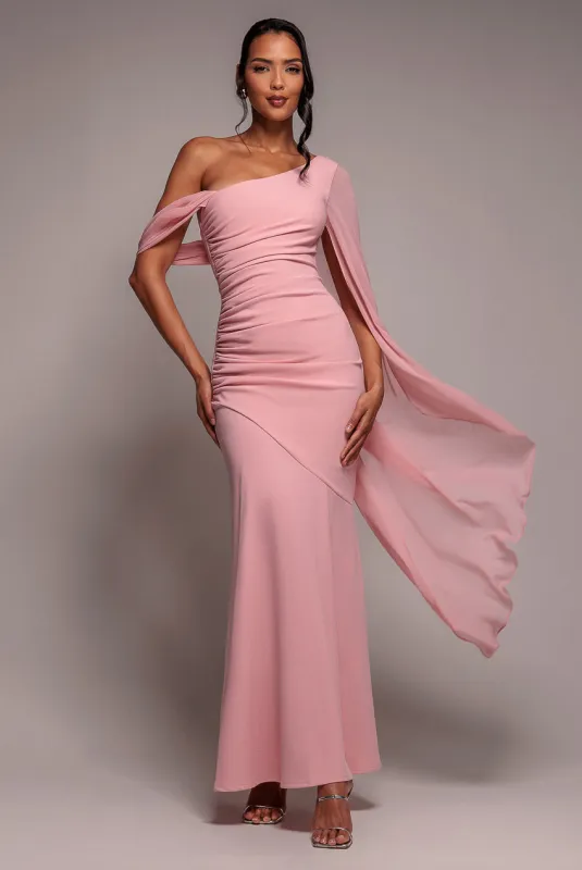 One Shoulder Cape Scuba & Chiffon Maxi Dress - Blush Pink by Goddiva sold by Goddiva
