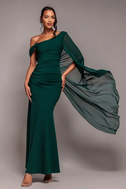 One Shoulder Cape Scuba & Chiffon Maxi Dress - Emerald Green by Goddiva made by Goddiva