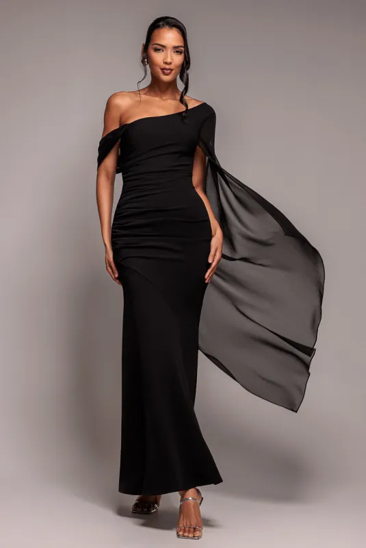 One Shoulder Cape Scuba & Chiffon Maxi Dress - Black by Goddiva made by Goddiva