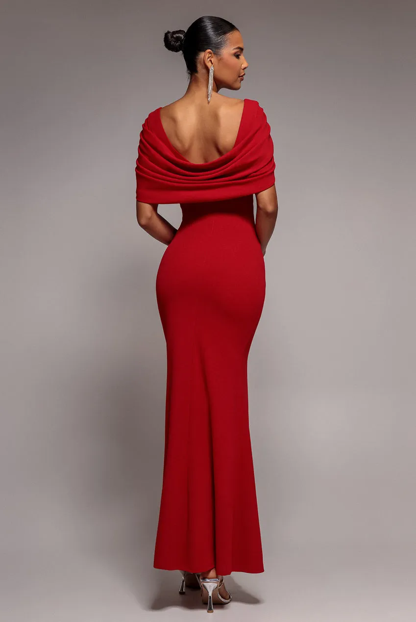 V Neck Cowl Back Pleated Sleeve Scuba Maxi Dress - Red by Goddiva sold by Goddiva