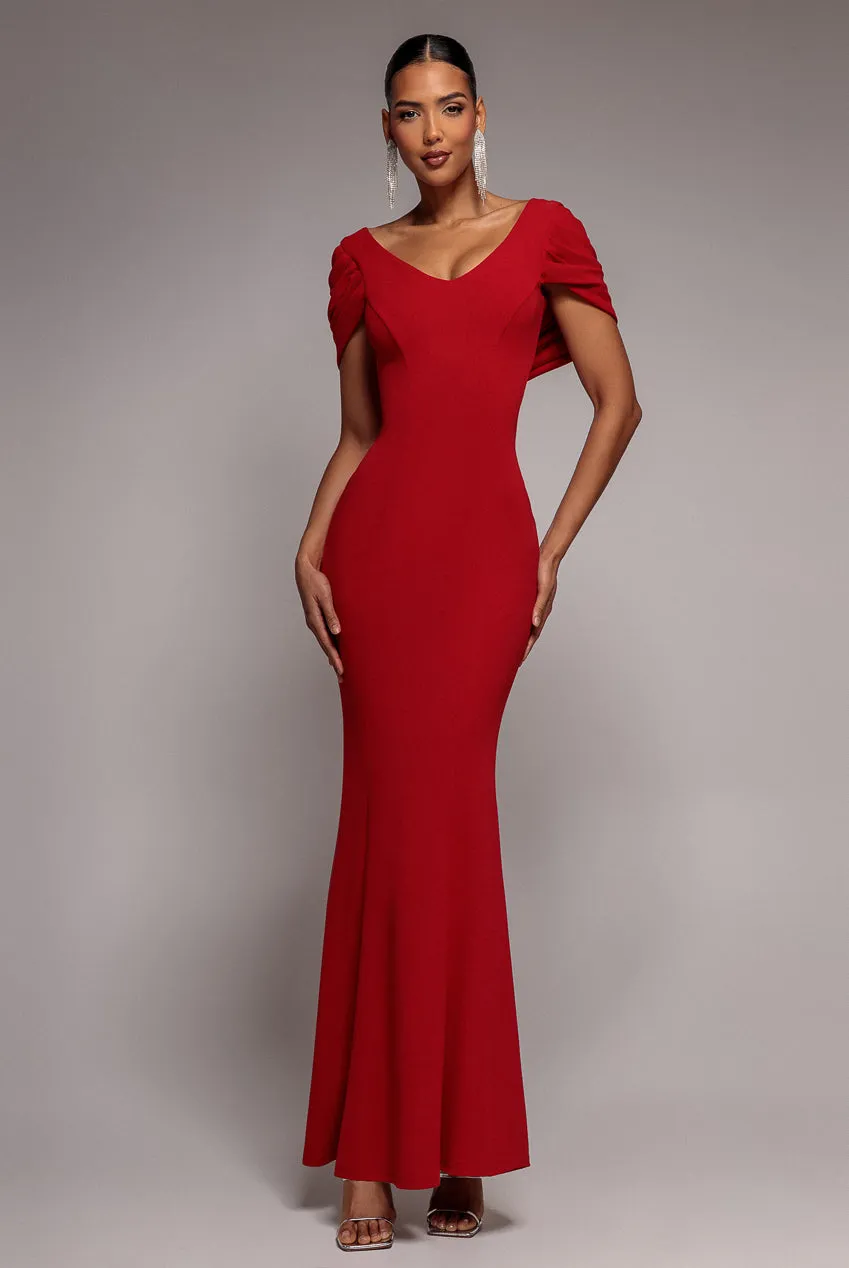 V Neck Cowl Back Pleated Sleeve Scuba Maxi Dress - Red by Goddiva sold by Goddiva product image thumbnail 2