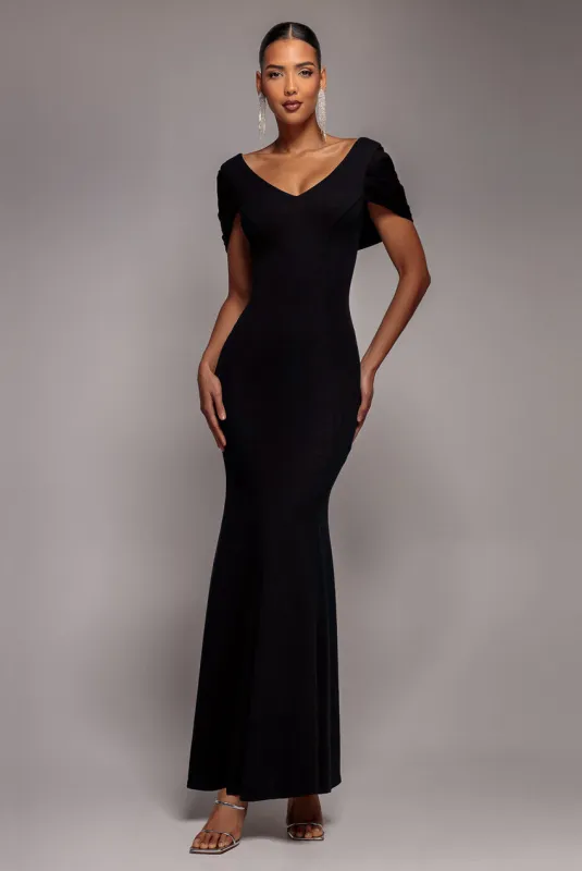 V Neck Cowl Back Pleated Sleeve Scuba Maxi Dress - Black by Goddiva sold by Goddiva