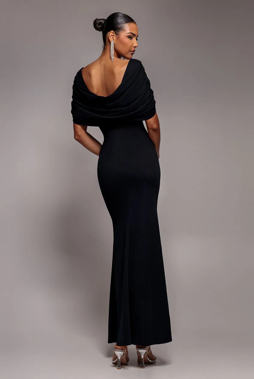 V Neck Cowl Back Pleated Sleeve Scuba Maxi Dress - Black by Goddiva sold by Goddiva product image thumbnail 2