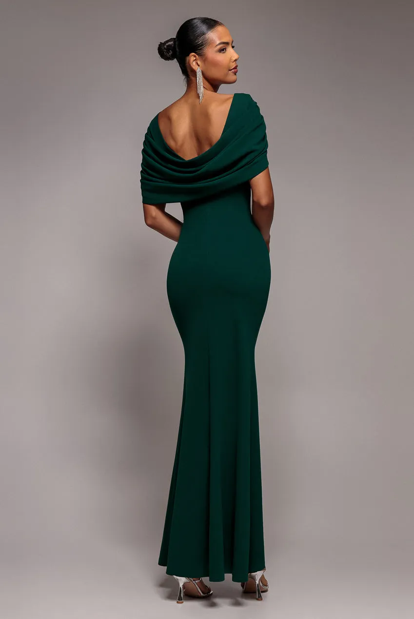 V Neck Cowl Back Pleated Sleeve Scuba Maxi Dress - Emerald Green by Goddiva sold by Goddiva
