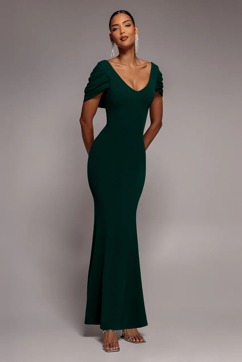 V Neck Cowl Back Pleated Sleeve Scuba Maxi Dress - Emerald Green by Goddiva sold by Goddiva product image thumbnail 2