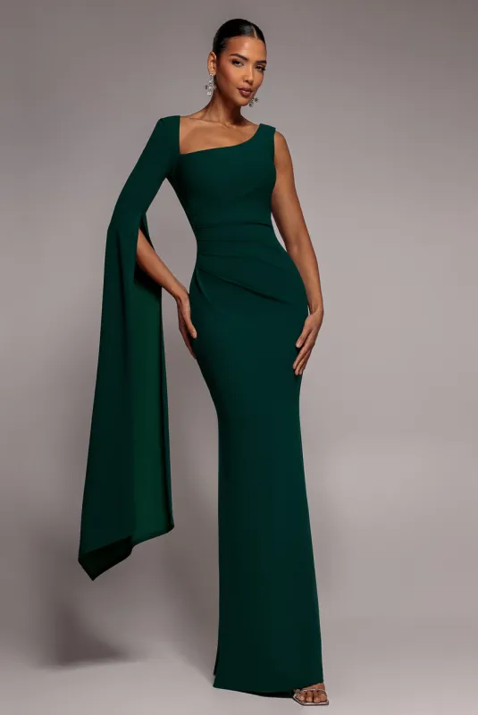 One Shoulder Cape Sleeve Maxi Dress - Emerald Green by Goddiva made by Goddiva