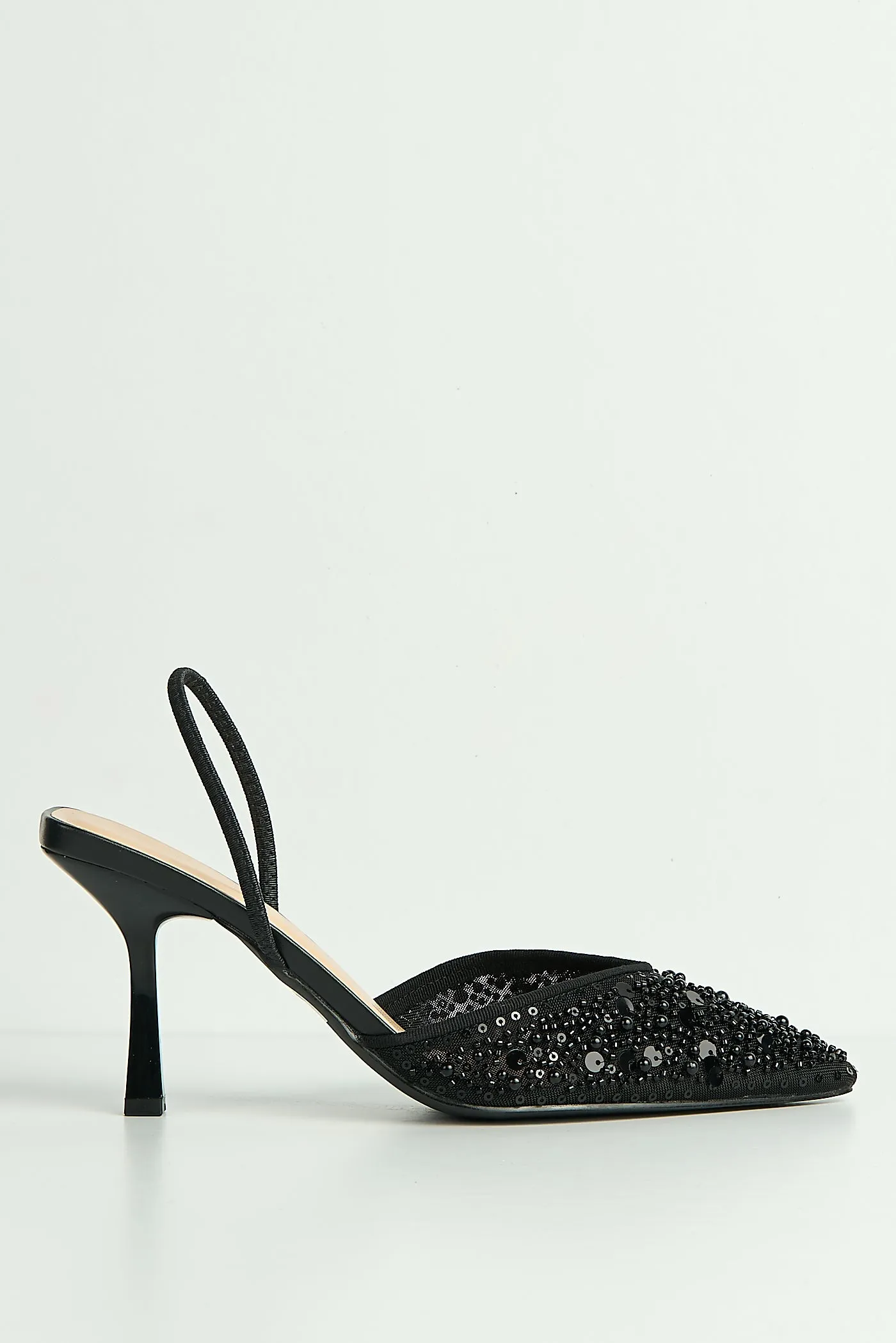 Jasmina Sequin & Bead Embellished Mesh Slingback Court Shoes In Black by Miss Diva sold by Goddiva product image thumbnail 4