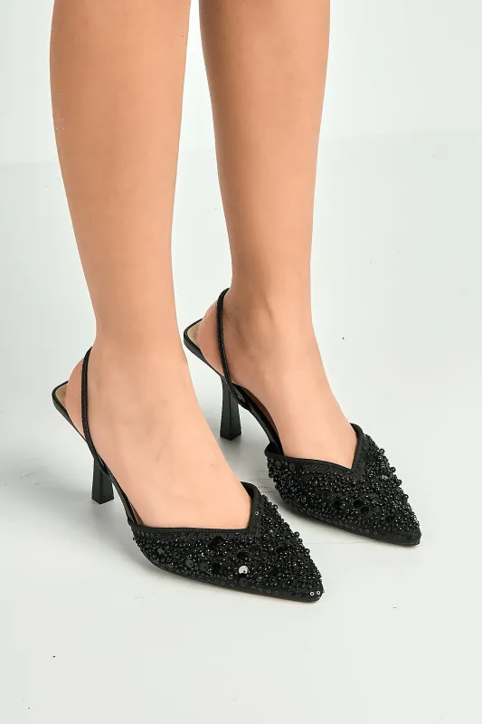 Jasmina Sequin & Bead Embellished Mesh Slingback Court Shoes In Black by Miss Diva made by Goddiva