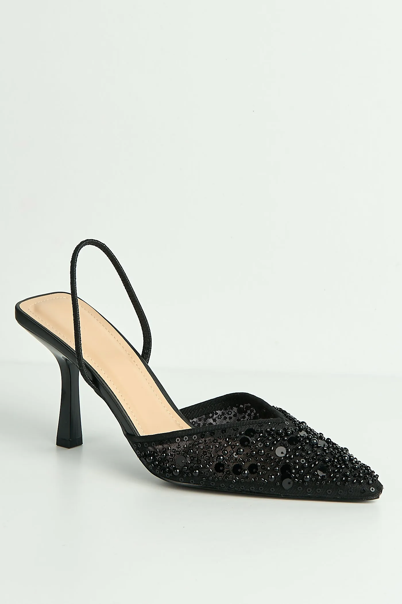 Jasmina Sequin & Bead Embellished Mesh Slingback Court Shoes In Black by Miss Diva sold by Goddiva product image thumbnail 5
