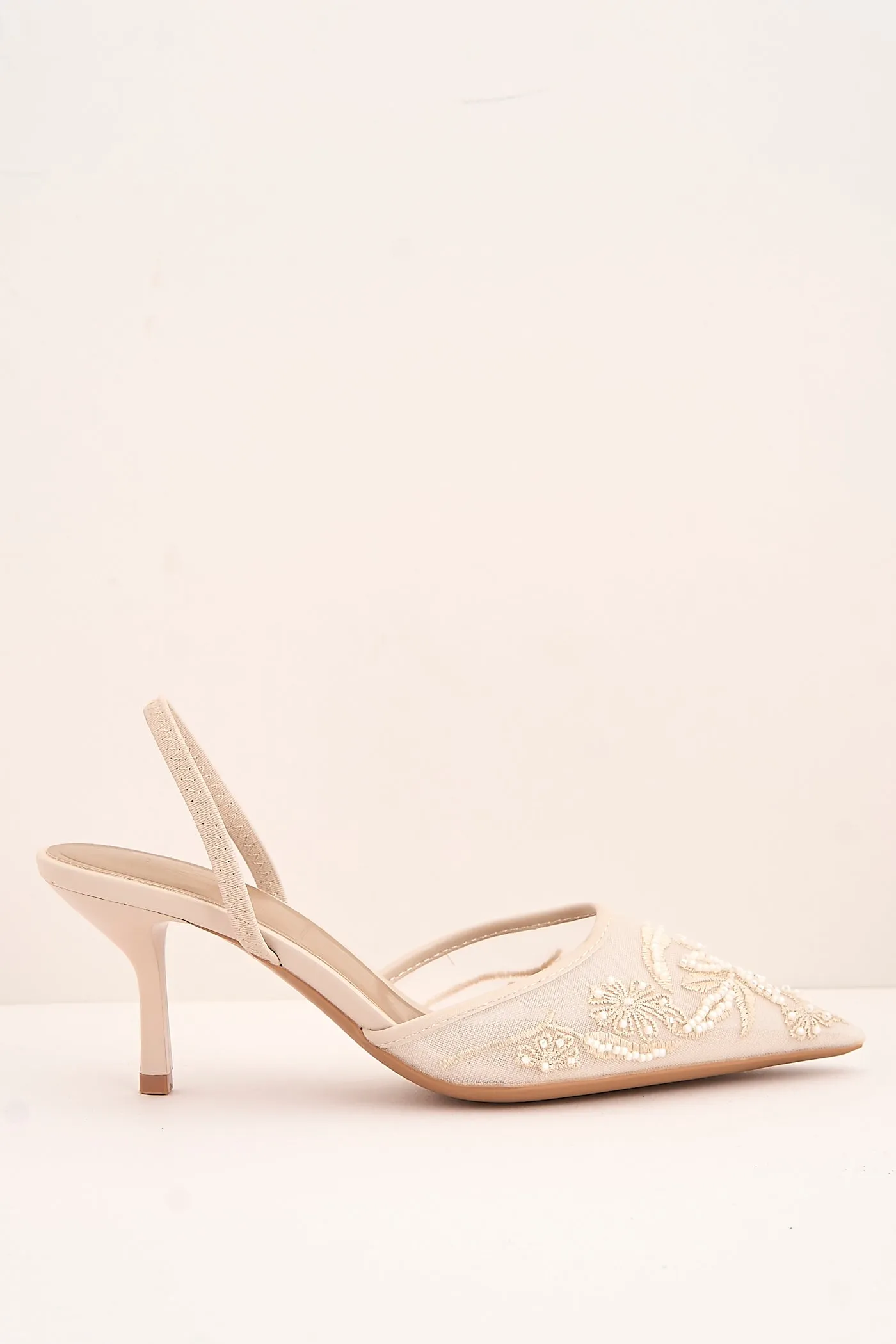 Romina Bead Embellished Mesh Slingback Court Shoes In Beige by Miss Diva sold by Goddiva product image thumbnail 4