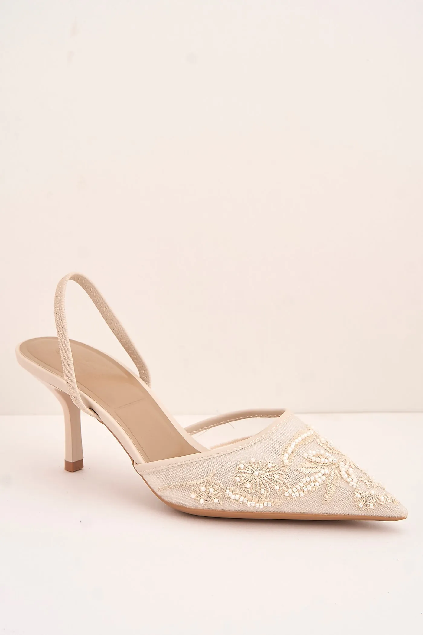 Romina Bead Embellished Mesh Slingback Court Shoes In Beige by Miss Diva sold by Goddiva product image thumbnail 5