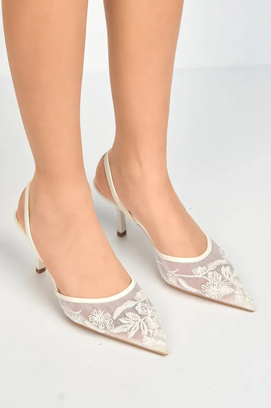 Romina Bead Embellished Mesh Slingback Court Shoes In White by Miss Diva made by Goddiva