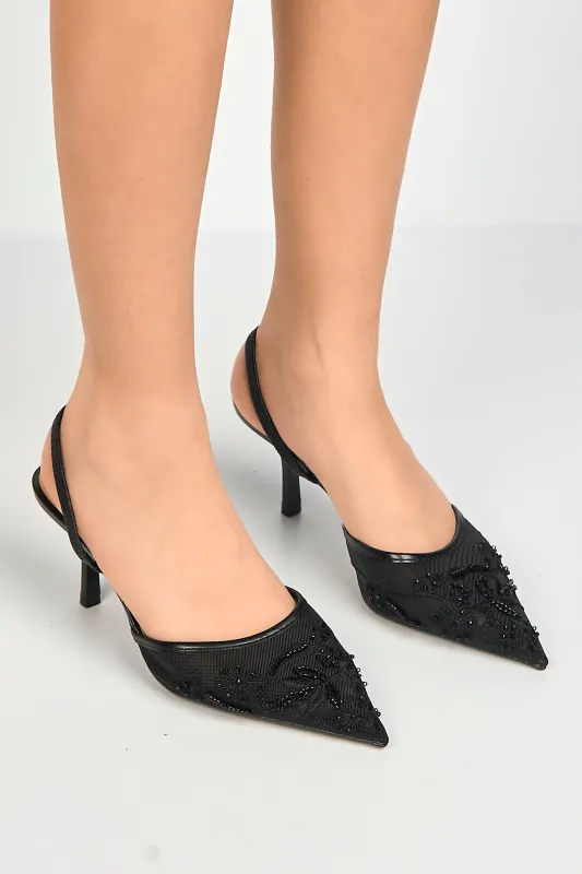 Romina Bead Embellished Mesh Slingback Court Shoes In Black by Miss Diva made by Goddiva