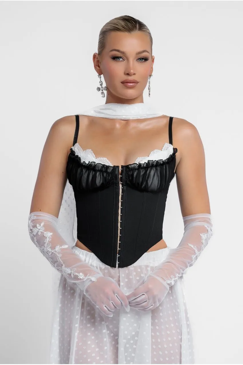 Milk Maid Corset Polka Dobby Chiffon A-Line Maxi Skirt With Scarf & Gloves - Black & Cream by Goddiva sold by Goddiva product image thumbnail 4
