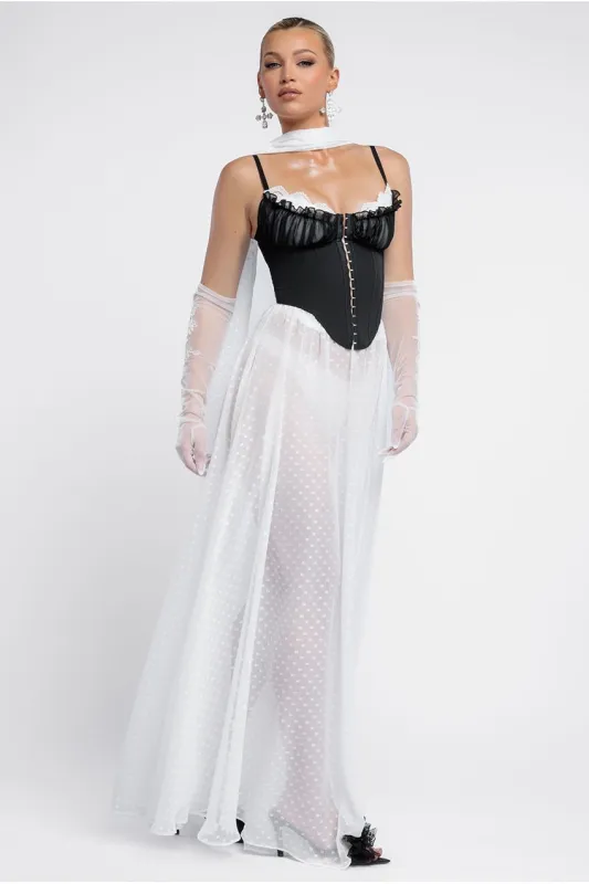 Milk Maid Corset Polka Dobby Chiffon A-Line Maxi Skirt With Scarf & Gloves - Black & Cream by Goddiva made by Goddiva