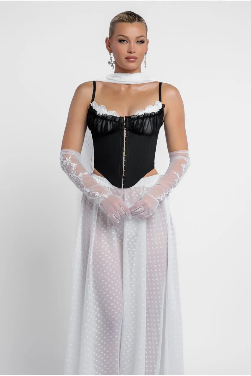 Milk Maid Corset Polka Dobby Chiffon A-Line Maxi Skirt With Scarf & Gloves - Black & Cream by Goddiva sold by Goddiva product image thumbnail 3