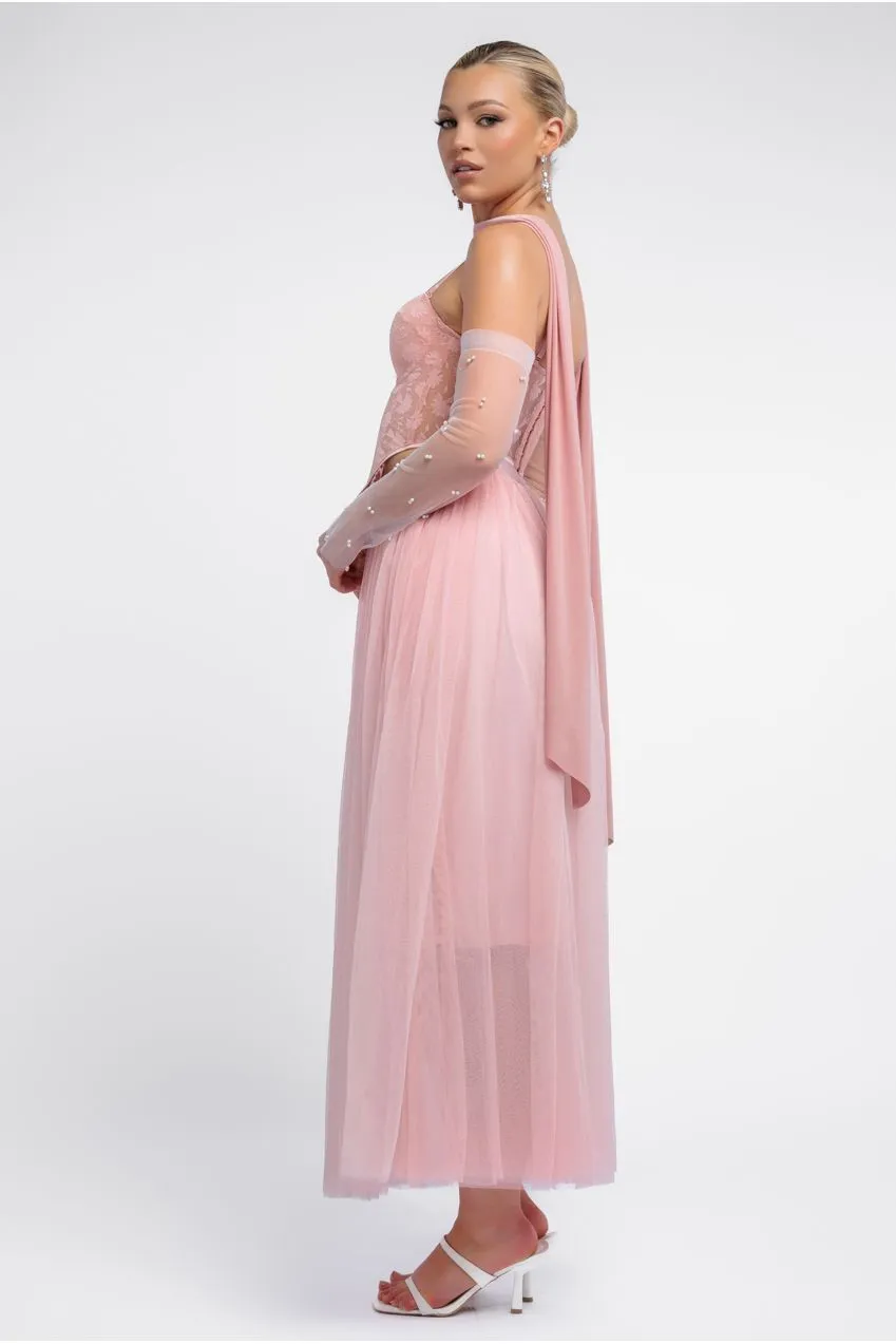 Textured Floral Mesh Corset Tulle Gathered Midaxi Skirt With Jersey Scarf & Embellished Fingerless Mesh Gloves - Blush by Goddiva sold by Goddiva product image thumbnail 3