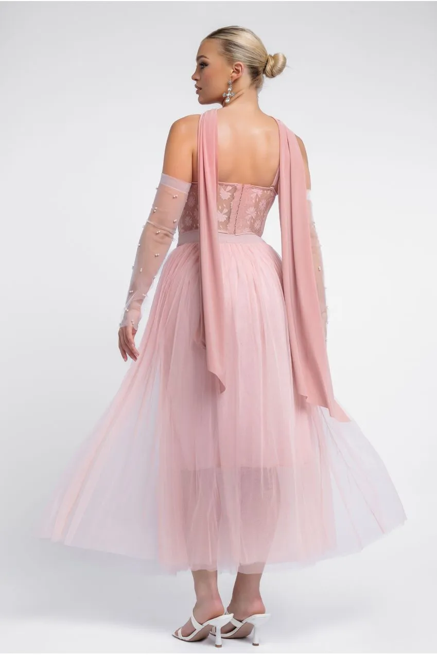 Textured Floral Mesh Corset Tulle Gathered Midaxi Skirt With Jersey Scarf & Embellished Fingerless Mesh Gloves - Blush by Goddiva sold by Goddiva product image thumbnail 4