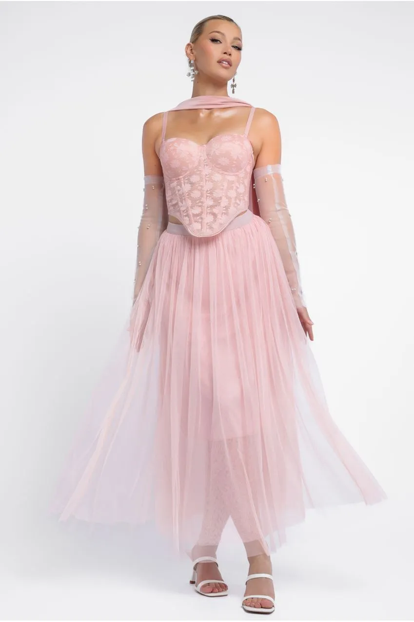 Textured Floral Mesh Corset Tulle Gathered Midaxi Skirt With Jersey Scarf & Embellished Fingerless Mesh Gloves - Blush by Goddiva sold by Goddiva