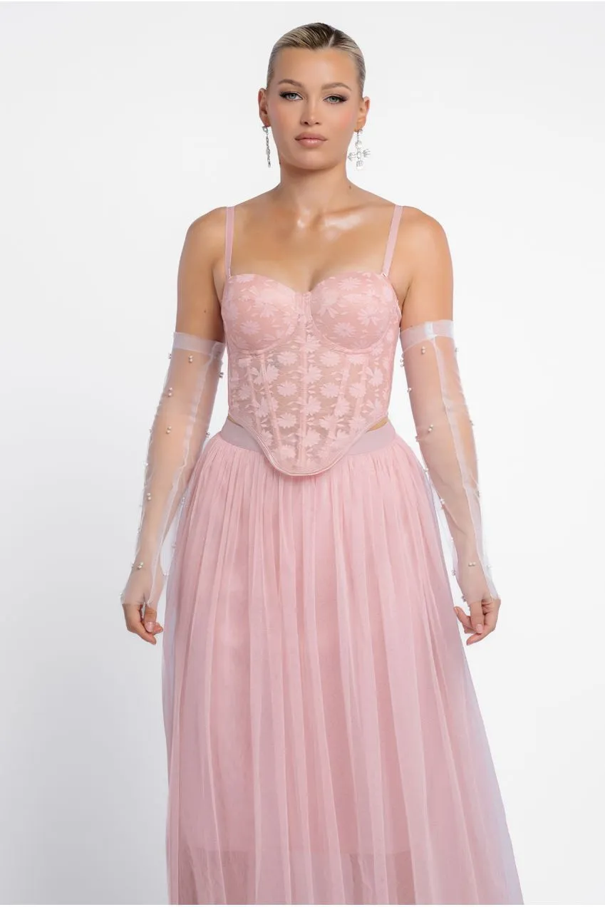 Textured Floral Mesh Corset Tulle Gathered Midaxi Skirt With Jersey Scarf & Embellished Fingerless Mesh Gloves - Blush by Goddiva sold by Goddiva product image thumbnail 5