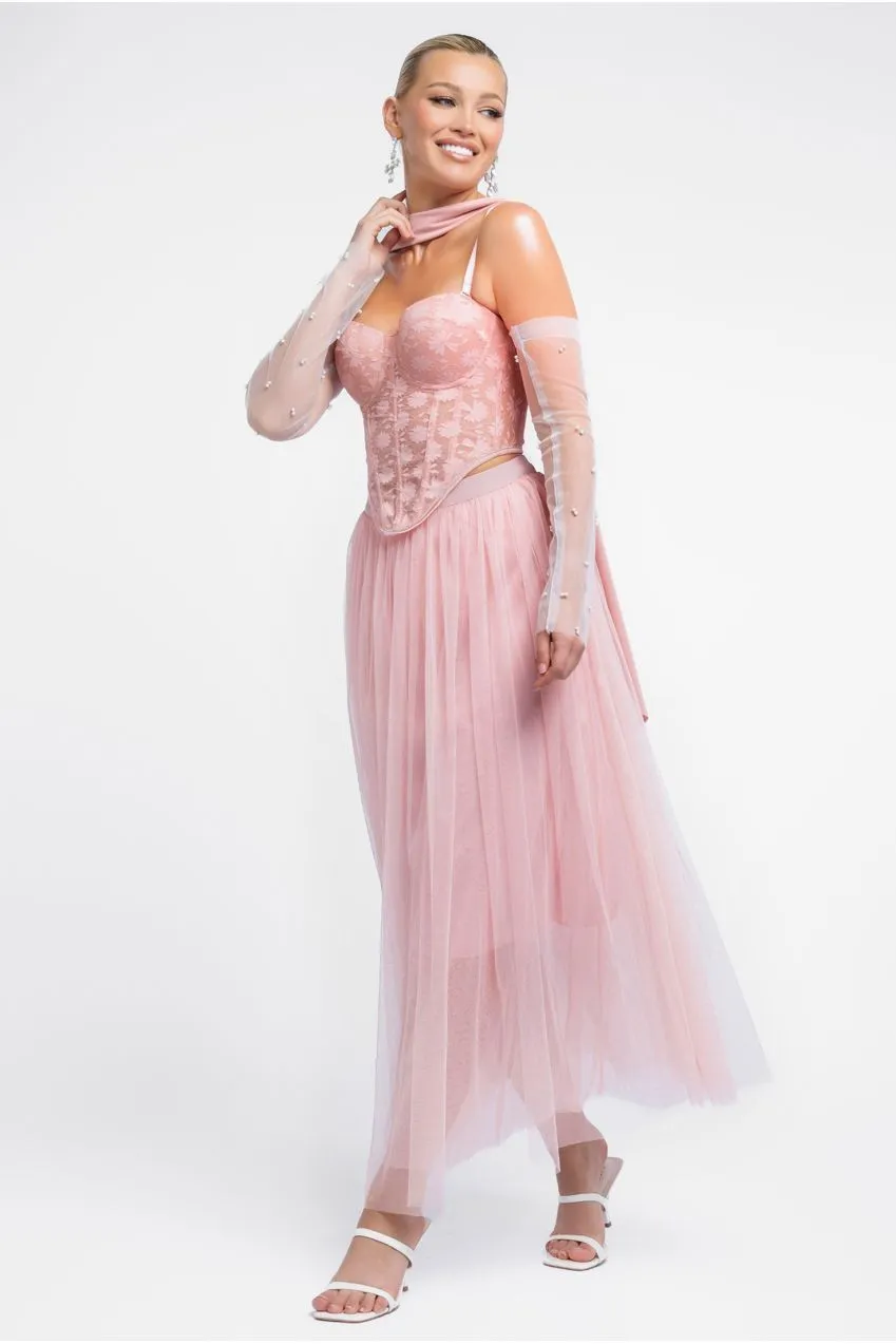 Textured Floral Mesh Corset Tulle Gathered Midaxi Skirt With Jersey Scarf & Embellished Fingerless Mesh Gloves - Blush by Goddiva sold by Goddiva product image thumbnail 2