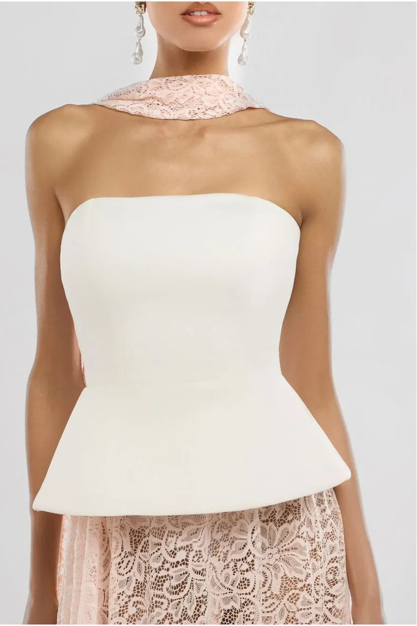Scuba Boobtube Peplum Corset With Floral Lace A-Line Maxi Skirt With Scarf - Cream & Pink by Goddiva sold by Goddiva product image thumbnail 3