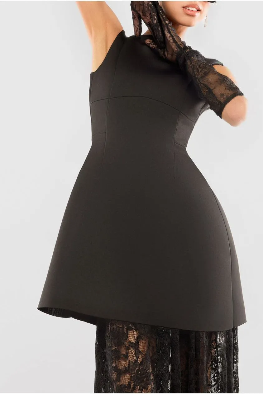 Boatneck Mini With Lace A-Line Skirt & Gloves - Black by Goddiva sold by Goddiva product image thumbnail 3