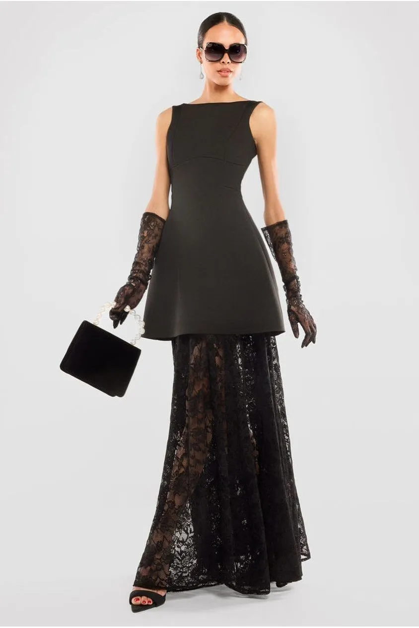 Boatneck Mini With Lace A-Line Skirt & Gloves - Black by Goddiva sold by Goddiva