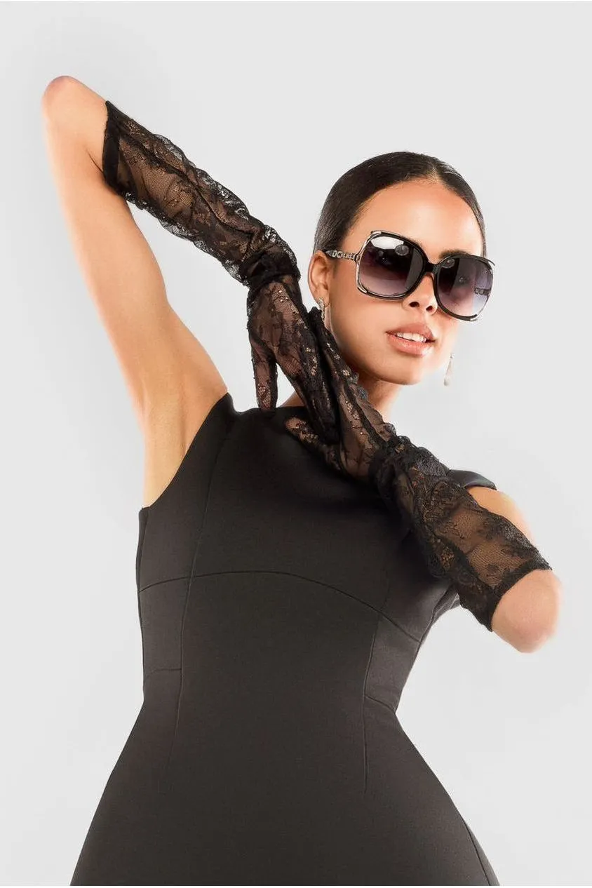 Boatneck Mini With Lace A-Line Skirt & Gloves - Black by Goddiva sold by Goddiva product image thumbnail 4