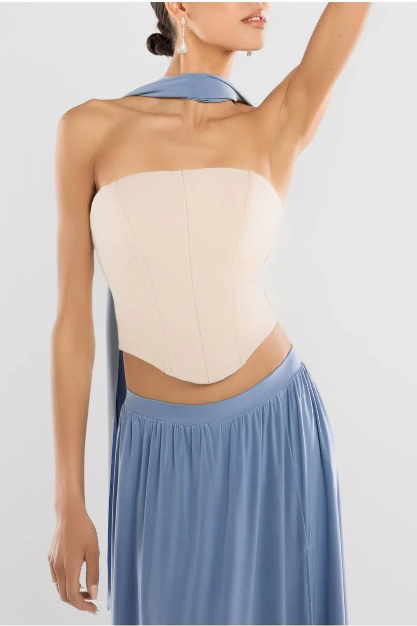 Compact Crepe Lace Up Corset With Side Split Jersey Maxi Skirt & Scarf - Beige & Blue by Goddiva sold by Goddiva product image thumbnail 4