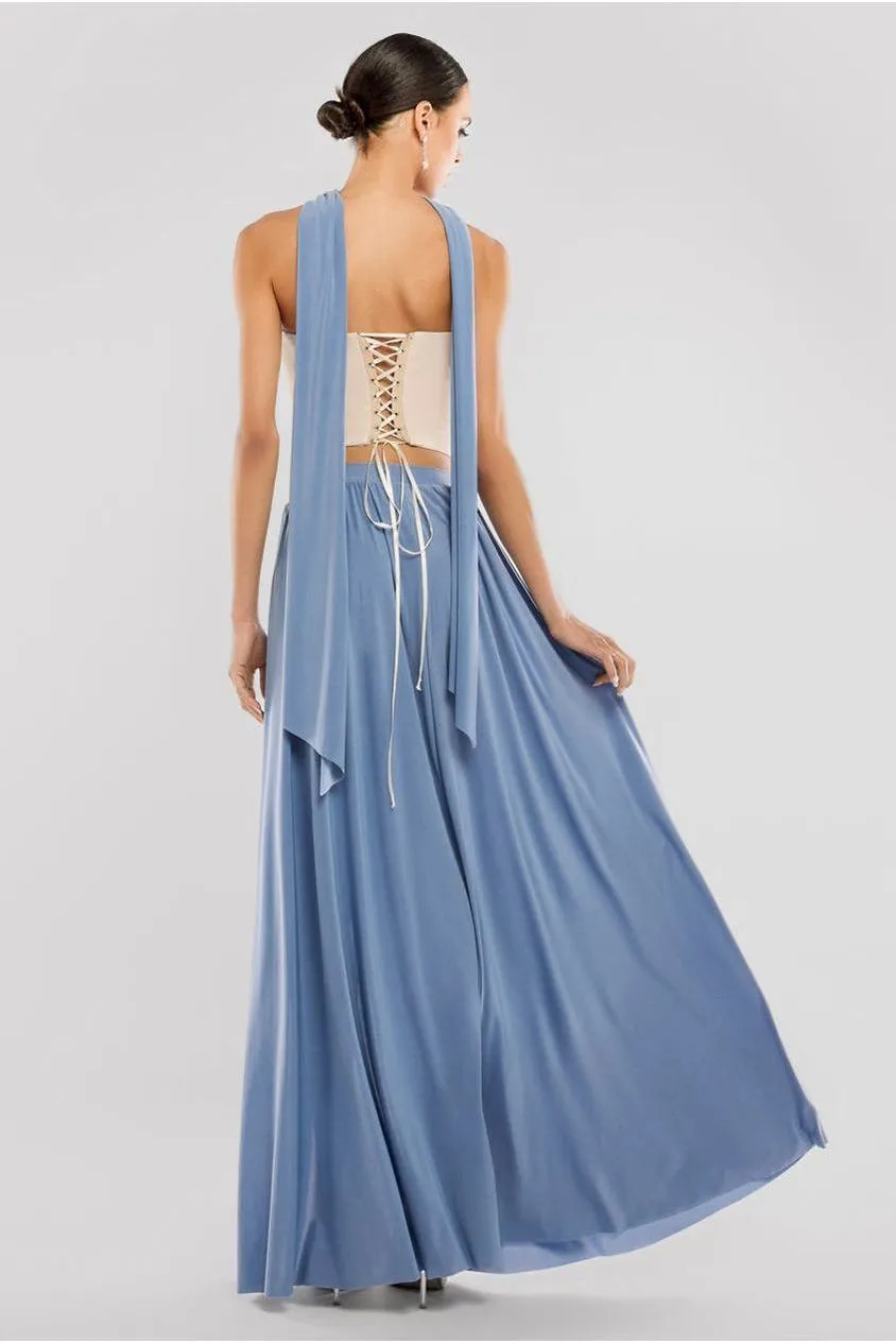 Compact Crepe Lace Up Corset With Side Split Jersey Maxi Skirt & Scarf - Beige & Blue by Goddiva sold by Goddiva product image thumbnail 2