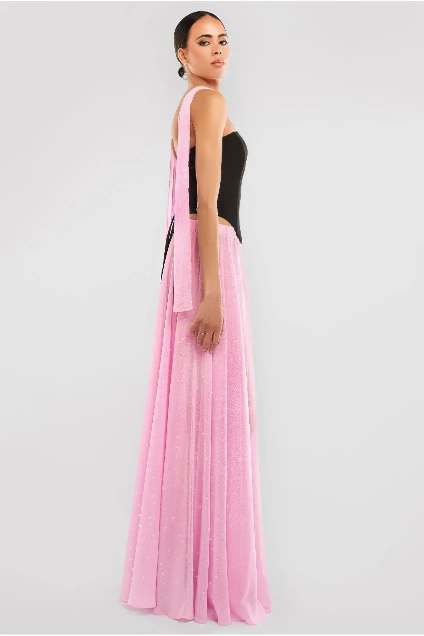 Compact Crepe Lace Up Corset With Gathered A-Line Glitter Chiffon Maxi Skirt & Scarf - Black, Pink & Pink by Goddiva sold by Goddiva product image thumbnail 4