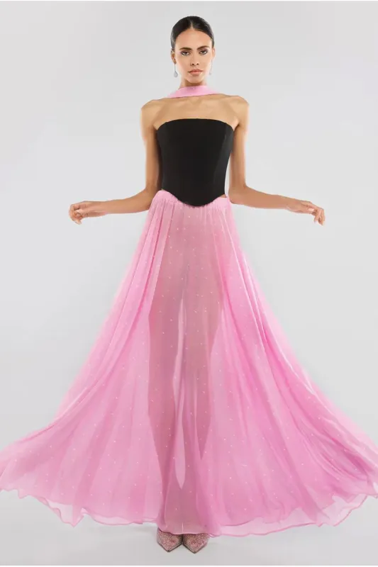 Compact Crepe Lace Up Corset With Gathered A-Line Glitter Chiffon Maxi Skirt & Scarf - Black, Pink & Pink by Goddiva made by Goddiva