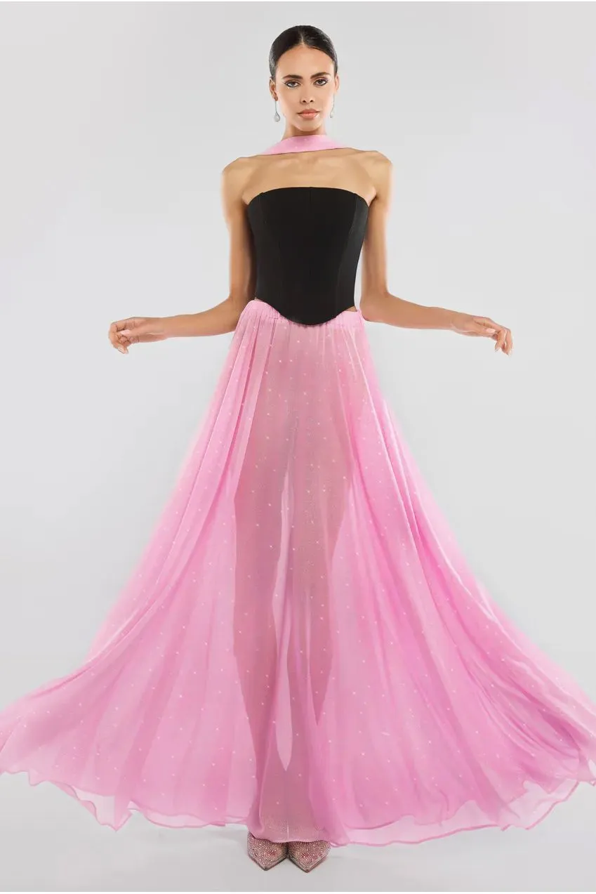 Compact Crepe Lace Up Corset With Gathered A-Line Glitter Chiffon Maxi Skirt & Scarf - Black, Pink & Pink by Goddiva sold by Goddiva