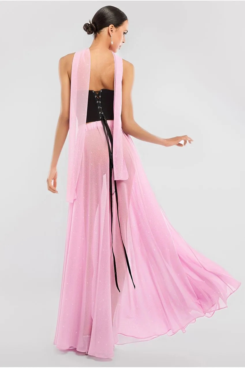 Compact Crepe Lace Up Corset With Gathered A-Line Glitter Chiffon Maxi Skirt & Scarf - Black, Pink & Pink by Goddiva sold by Goddiva product image thumbnail 2