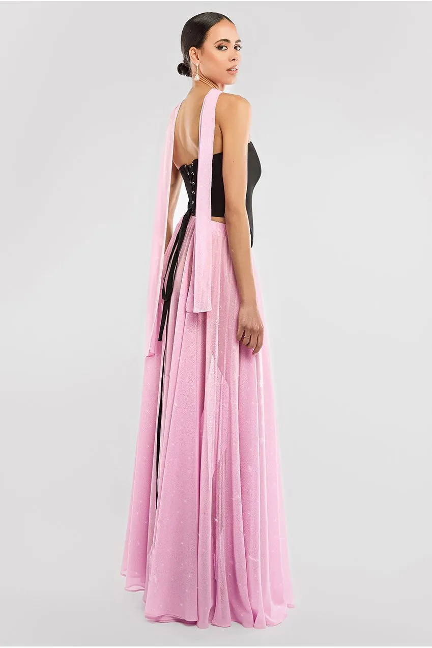 Compact Crepe Lace Up Corset With Gathered A-Line Glitter Chiffon Maxi Skirt & Scarf - Black, Pink & Pink by Goddiva sold by Goddiva product image thumbnail 3