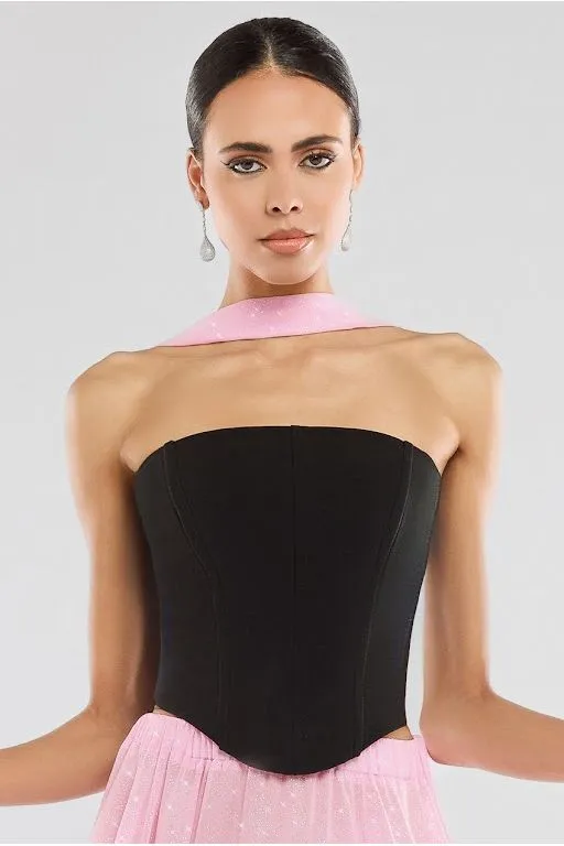 Compact Crepe Lace Up Corset With Gathered A-Line Glitter Chiffon Maxi Skirt & Scarf - Black, Pink & Pink by Goddiva sold by Goddiva product image thumbnail 5