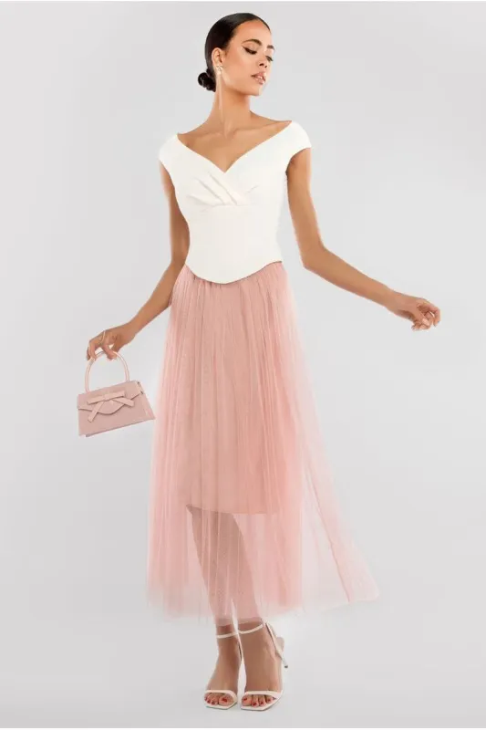 Front Pleated Wrap Off The Shoulder Corset With Tulle Gathered Midaxi Skirt  Cream & Blush by Goddiva made by Goddiva