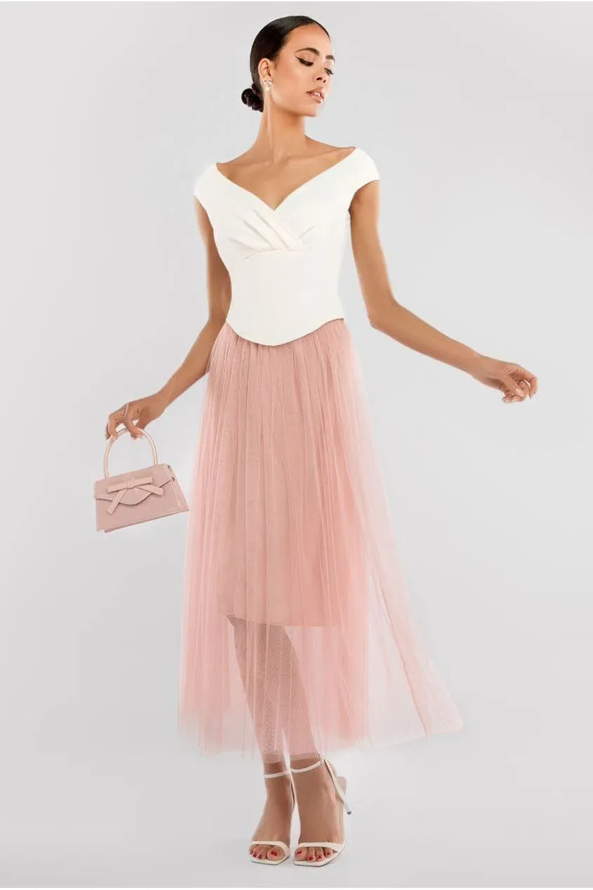 Front Pleated Wrap Off The Shoulder Corset With Tulle Gathered Midaxi Skirt Cream & Blush by Goddiva sold by Goddiva