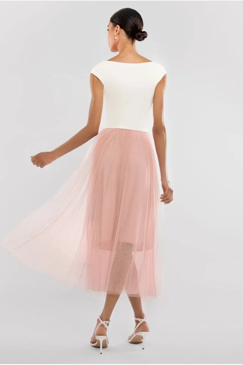 Front Pleated Wrap Off The Shoulder Corset With Tulle Gathered Midaxi Skirt Cream & Blush by Goddiva sold by Goddiva product image thumbnail 2