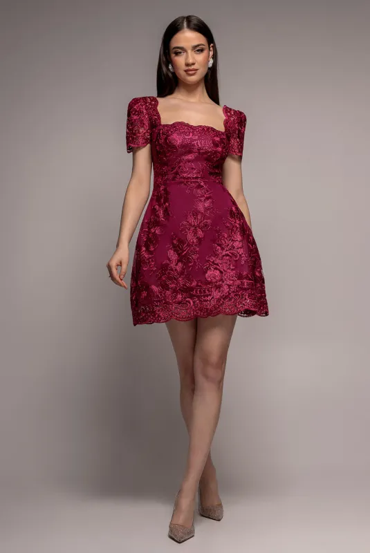 Scallop Edge Corset Back Structured Lace Mini Dress - Burgundy by Goddiva made by Goddiva