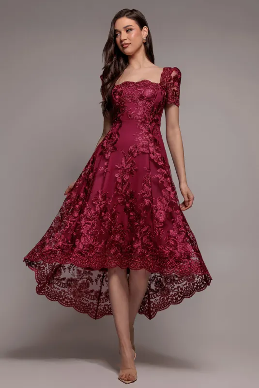 Scalloped Neck Embroidered Lace High Low Midi Dress - Burgundy by Goddiva made by Goddiva