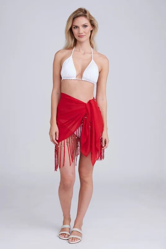 San Remo Beaded Sarong - Red by Pia Rossini sold by Goddiva