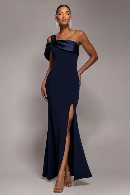 Satin Twist One Shoulder Maxi Dress - Navy Blue by Goddiva sold by Goddiva