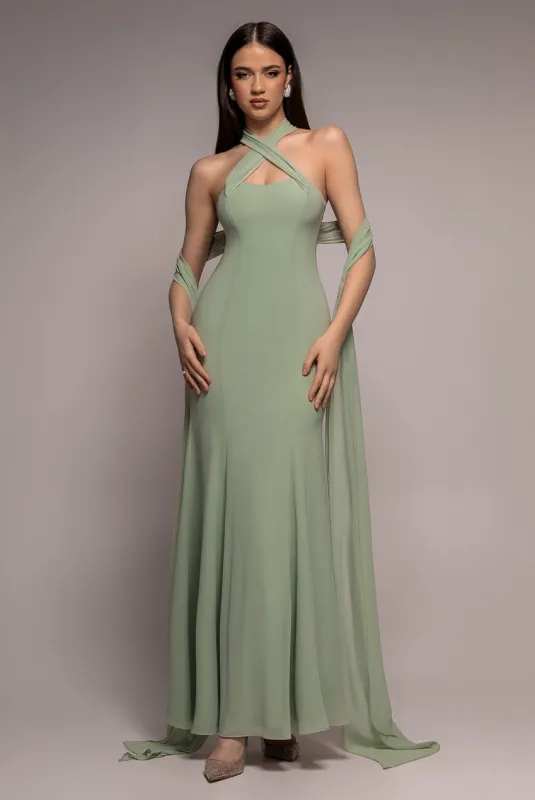 Multiway Cape Chiffon Sweetheart Maxi Dress - Sage Green by Goddiva made by Goddiva