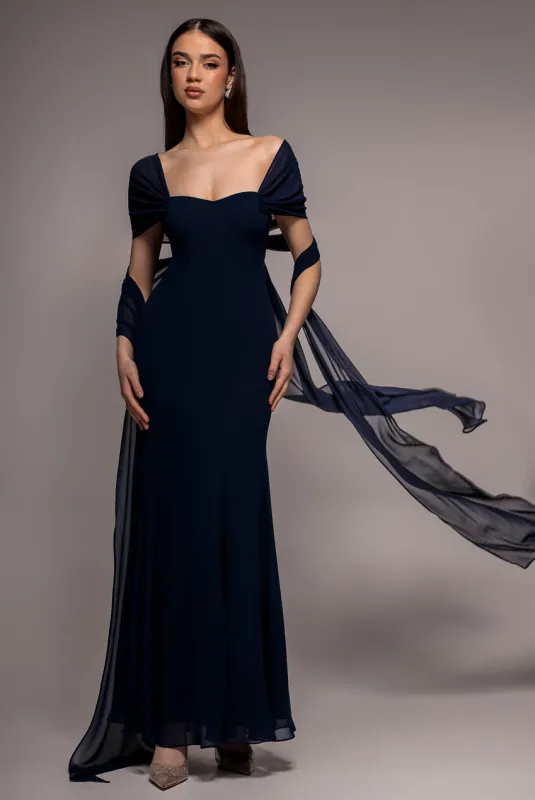 Multiway Cape Chiffon Sweetheart Maxi Dress - Navy Blue by Goddiva made by Goddiva
