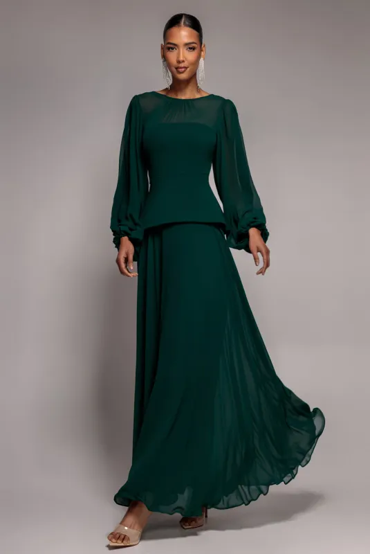 Bishop Sleeve Peplum Top Scuba Crepe And Chiffon Maxi Dress - Emerald Green by Goddiva made by Goddiva