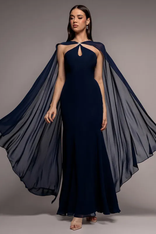 Multiway Cape Chiffon With Embellished Trim Maxi Dress - Navy Blue by Goddiva made by Goddiva