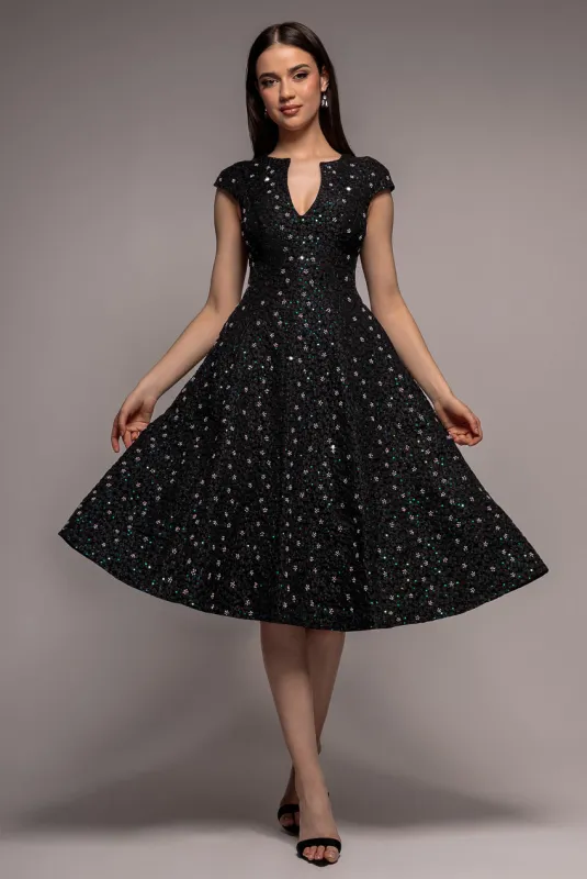 Bead Embellished Jacquard A Line Midi Dress - Black by Goddiva made by Goddiva