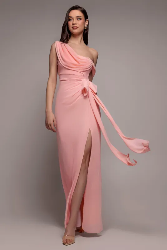 One Shoulder Cowl With Bow Detail Maxi Dress - Blush Pink by Goddiva sold by Goddiva
